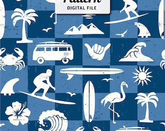 Retro Surf Seamless Pattern: Tropical Beach Vibes (JPEG Digital File)
