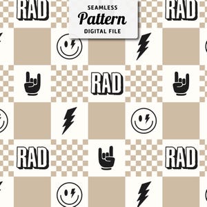 Rad, lightning bolts, smile faces, and rock hand signs with a checkered background | Boho checkered seamless file for fabric sublimation