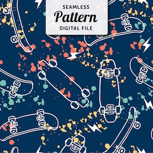 May include: A seamless pattern featuring white outline skateboards on a dark blue background with colorful paint splatters. The text "Seamless Pattern Digital File" is in a white box at the top of the image.