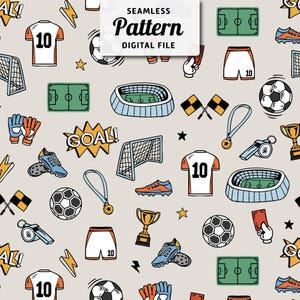 May include: Seamless pattern featuring hand-drawn soccer-themed illustrations. Includes soccer balls, jerseys with the number 10, soccer goals, stadiums, shoes, gloves, and the word "GOAL!" in a starburst. The words "SEAMLESS Pattern DIGITAL FILE" are also present.