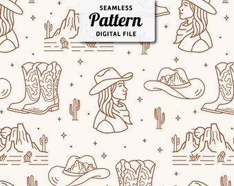 Western Cowgirl Line Art Seamless Pattern (Digital Download)