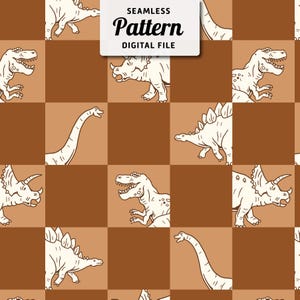 May include: A seamless pattern featuring various dinosaurs in white on a brown checkered background. The dinosaurs include a triceratops, stegosaurus, brachiosaurus, and a tyrannosaurus rex.