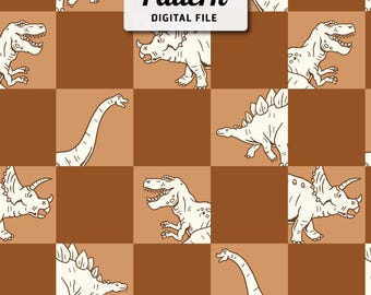 Checkered Dinosaurs Seamless Pattern: Kids Cartoon Design (Digital File)