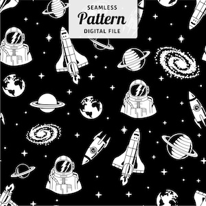 Könnte beinhalten: Schwarz-weißes nahtloses Muster mit Weltraum-Illustrationen. Das Design umfasst Astronauten, Raketen, Planeten, Galaxien und Sterne. Die Worte "SEAMLESS PATTERN DIGITAL FILE" werden in einem weißen Feld angezeigt.