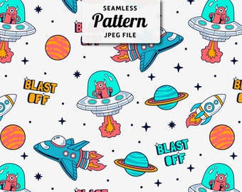 Naadloos ruimtepatroon: alien, raket en planeten (digitale download)