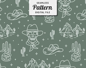 Western Cowboy Skull Seamless Pattern: Boho Repeat Design (Digital Download)