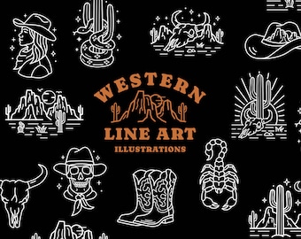 Ilustracje Western Line Art. Pliki Western SVG, PNG i EPS. Pobieranie cyfrowe