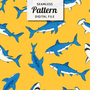 Shark Seamless Repeat Pattern | Hand Drawn Shark Illustrations Digital Paper  | Digital Download
