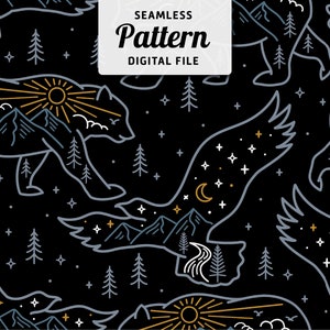 May include: A seamless pattern featuring a repeating design of bears and birds with mountains, stars, and a sun or moon inside their silhouettes. The background is black.
