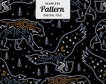 Bear and Eagle Mountain Seamless Pattern (Digital File)