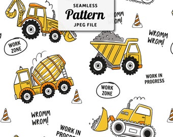 Construction Trucks Seamless Pattern: Tools Digital Download (JPEG)