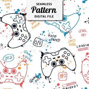 Op de afbeelding: Een naadloos patroon met kleurrijke gamecontrollers, spatten verf en handgeschreven zinnen zoals "Game Over", "Level Up!" en "Never Give Up!" Het patroon is perfect om leuke en speelse ontwerpen te maken voor stoffen, behang of andere creatieve projecten.