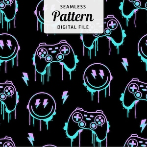 May include: A seamless pattern featuring a black background with blue and pink video game controllers, lightning bolts, and smiley faces with lightning bolts for eyes. The text "SEAMLESS Pattern DIGITAL FILE" is in a white box at the top of the image.
