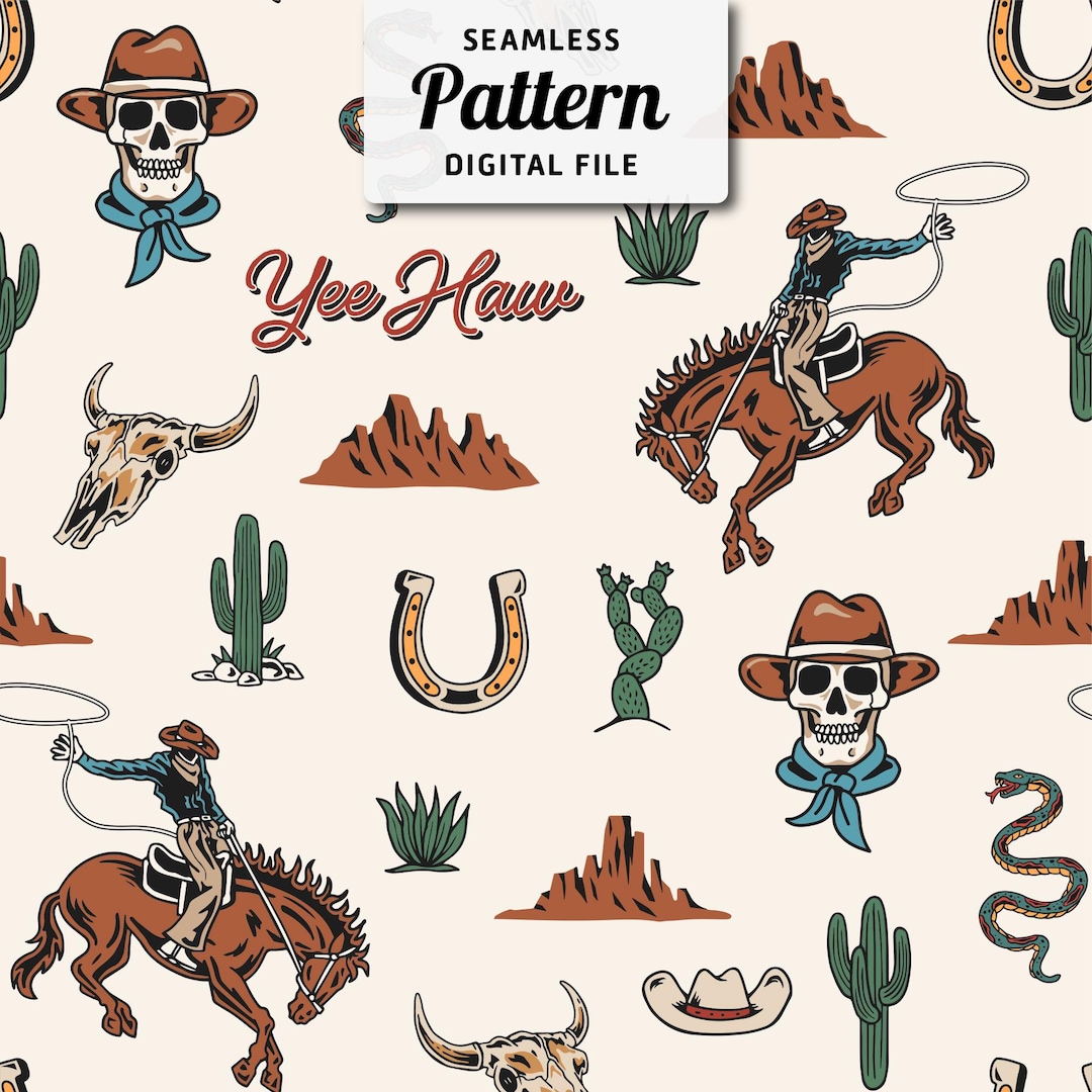 Red Western Repeat Pattern Western Themed Cowboy Seamless Pattern | Cactus, Cowboy Seamless Repeat ...