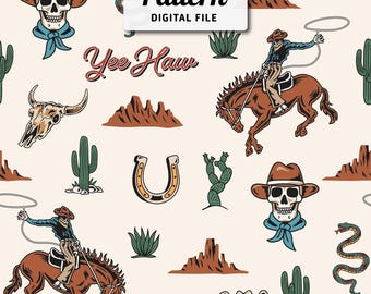 Cowboy Seamless Pattern: Western Cactus Boho Repeat Design (Digital Download)