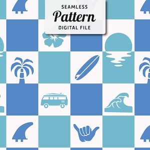 May include: A seamless pattern featuring blue and white checkered background with various surfing-themed icons, including a surfboard, palm tree, wave, sunset, and a surfboard fin.
