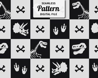 Checkered Skeleton Dinosaurs Seamless Pattern: Kids Repeat Design (Digital File)