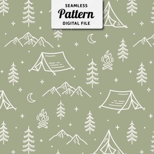 May include: A seamless pattern featuring white line drawings of camping and nature elements on a light green background. The pattern includes mountains, trees, tents, a campfire, stars, and a crescent moon.