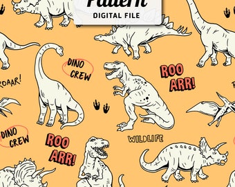 Modello senza cuciture con dinosauri dei cartoni animati: disegno per bambini disegnato a mano (file digitale)