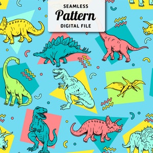 May include: A seamless pattern featuring various dinosaurs in a retro 80s style. The dinosaurs are outlined in black and filled with bright colours like pink, yellow, green, and blue. The background is a light blue with geometric shapes in various colours.