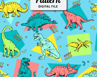 Dinosaurs Seamless Pattern | Cartoon Dinosaurs Kids Seamless Repeat Design | Dinos in Neon Colors Seamless Pattern | Digital File