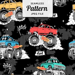 Puede incluir: Un patrón sin costuras con camiones monstruo de dibujos animados con llamas y humo. Los camiones son rojos, azules y amarillos con ruedas negras. El fondo es negro con lunares blancos y estrellas.