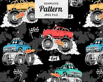 May include: A seamless pattern featuring cartoon monster trucks with flames and smoke. The trucks are red, blue, and yellow with black wheels. The background is black with white polka dots and stars.