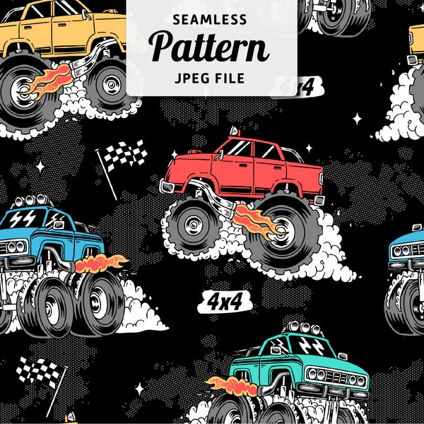 Monster car seamless pattern, monster car digital download, jpeg file for sublimation