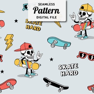 Skateboard Seamless Pattern | Cartoon Kids Seamless Repeat Design | Hand Drawn Skateboarding Seamless Pattern | Digital File