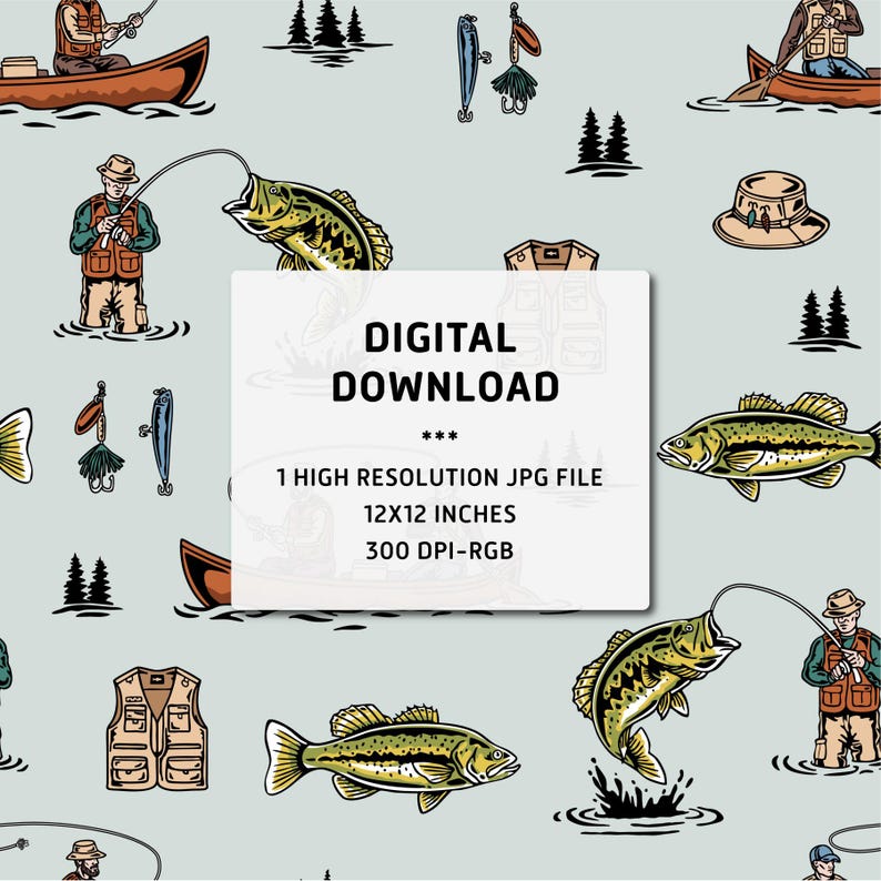 Fishing Seamless Pattern: Bass, Canoe & Pine Trees (JPEG File) - Etsy