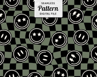 Happy Face Checkered Seamless Pattern: Smile & Lightning (Digital File)
