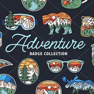 Peut inclure: Collection d'écussons sur le thème de l'aventure avec des motifs de montagnes, de forêts et de camping. Les écussons présentent diverses formes, dont un ours, un orignal et des lunettes de soleil, avec le mot "Adventure".