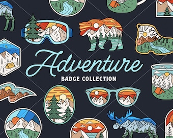 May include: A collection of adventure-themed badges with mountain, forest, and camping designs. The badges feature various shapes, including a bear, moose, and sunglasses, with the word "Adventure" in a script font.