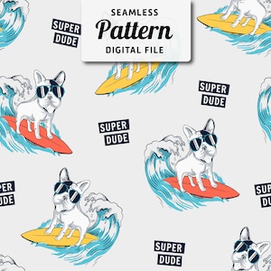 Surfer Dog Seamless Pattern | Cartoon Dog Seamless Repeat Design | Hand Drawn Seamless Pattern | Digital File