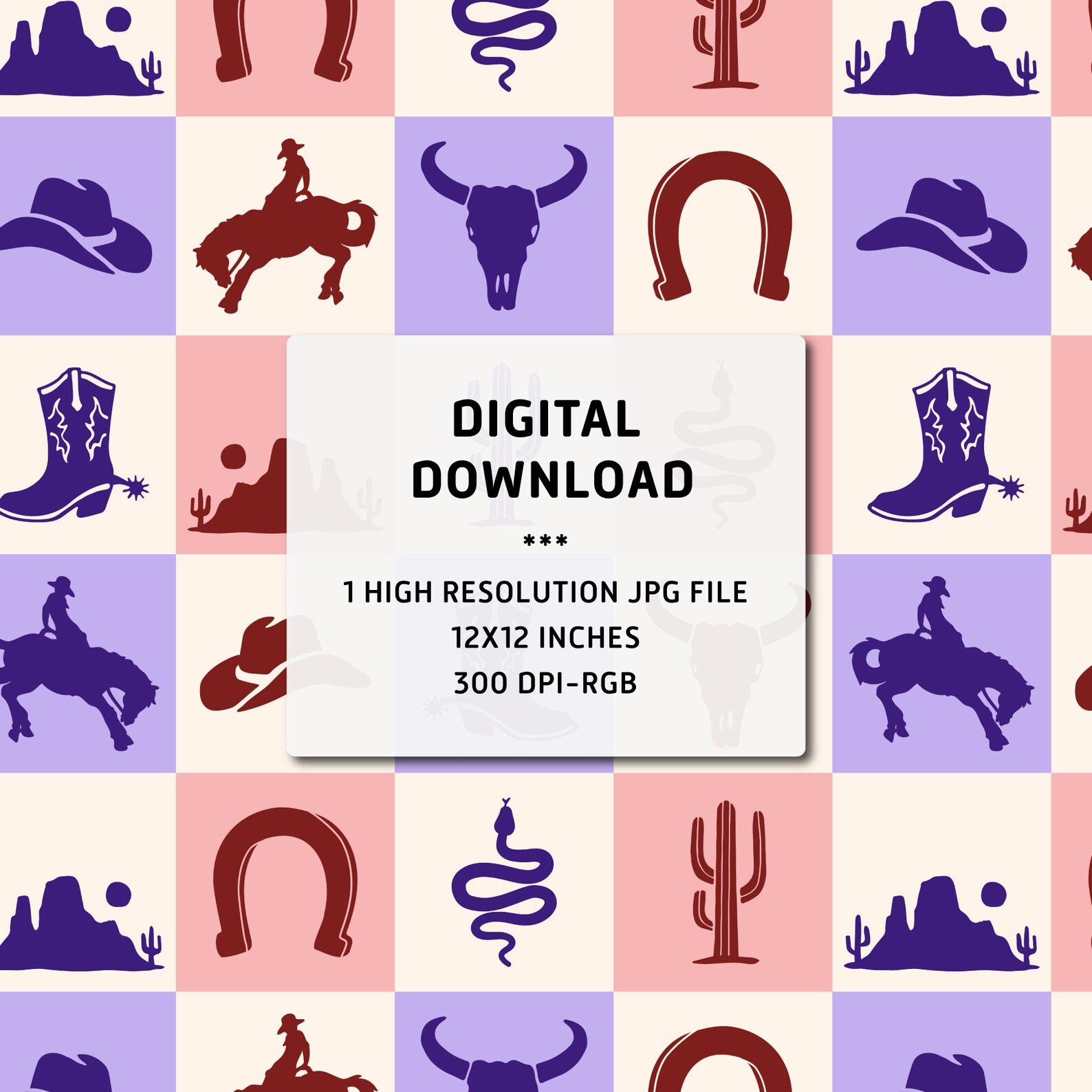 Western Theme Checkered Seamless Pattern Cowboy Seamless Repeat Design