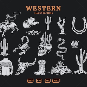 Western Vector illustrations, Cowboy, Skull, Cactus, Cow head, Instant Download,  SVG EPS PNG Bundle
