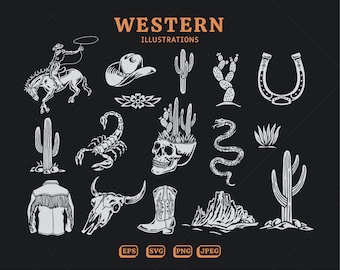 Ilustracje wektorowe Western, kowboj, czaszka, kaktus, głowa krowy, natychmiastowe pobieranie, pakiet SVG EPS PNG