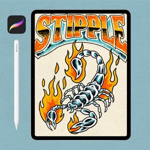 May include: A digital art piece on a tablet featuring a scorpion design with flames, the word "STIPPLE", and a stylus. The scorpion is black and blue, surrounded by orange and yellow flames. The tablet is black.