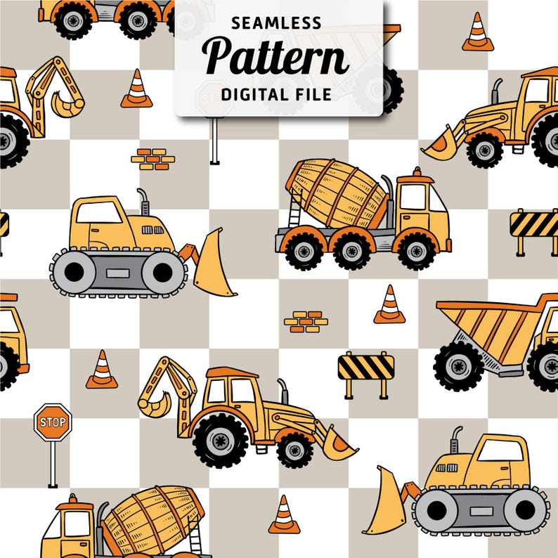 Construction Vehicle Seamless Pattern: Checkered Excavator Design ...