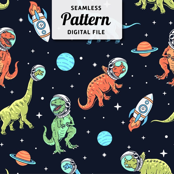 Dinosaurs in Space Seamless Pattern | Dinos Seamless Repeat Design | Hand Drawn Seamless Pattern | Digital File