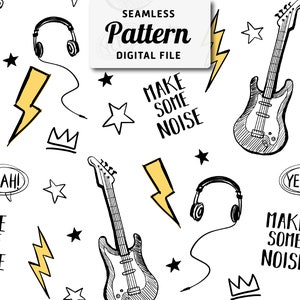 May include: A seamless pattern featuring black and white illustrations of guitars, headphones, lightning bolts, crowns, and the text "Make Some Noise" and "Yeah!" on a white background.