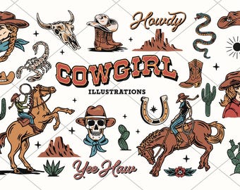 Western Cowgirl Illustrations. Western SVG, PNG, and EPS Files. Digital Download