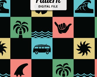 Surfing Seamless Pattern: Checkered Surfboard Van Fabric (Digital Download)