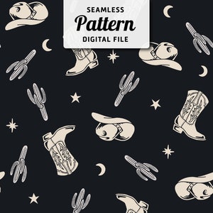 Western Theme Seamless Pattern  | Cactus, Cowboy Seamless Repeat Design | Boho Seamless Pattern | Instant Download Pattern