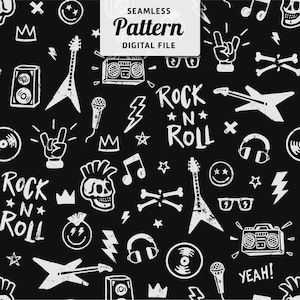 Puede incluir: Patrón sin costuras en blanco y negro con ilustraciones temáticas de rock and roll. Incluye guitarras, micrófonos, calaveras, auriculares y las palabras "Rock N Roll" y "Yeah!". También está presente el texto "Seamless Pattern Digital File".