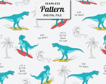 Surfer Dinosaurs Seamless Pattern: Hand Drawn Repeat Design (Digital File)