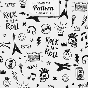May include: Seamless black and white rock and roll pattern with guitars, headphones, boomboxes, microphones, and skulls. The words "Rock N Roll" and "Yeah!" are also included in the design. The words "Seamless Pattern Digital File" are in a white rectangle.