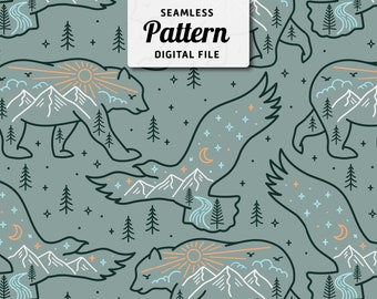 Outdoor seamless digital file | Bear and Eagle digital download seamless repeat pattern  | Mountain seamless file | Boy seamless file