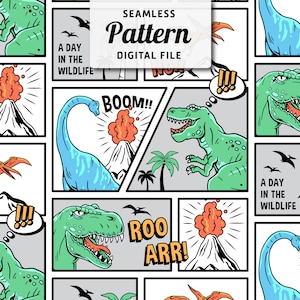 Patrón sin costuras de dinosaurios / Diseño de repetición sin costuras para niños de dinosaurios de dibujos animados / Dinosaurios en patrón sin costuras de estilo cómico / Archivo digital