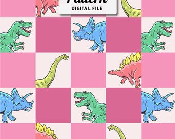 Checkered Dinosaurs Seamless Pattern: Kids Repeat Design (Digital File)